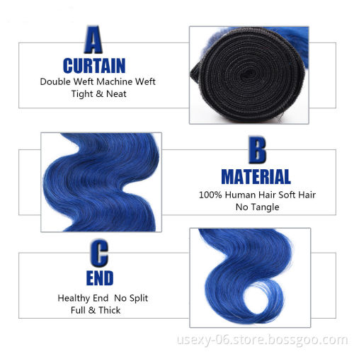 Usexy Wholesale Virgin Brazilian Hair Weaves Color 1B/Blue Body Wave Ombre Hair Bundles With Frontal